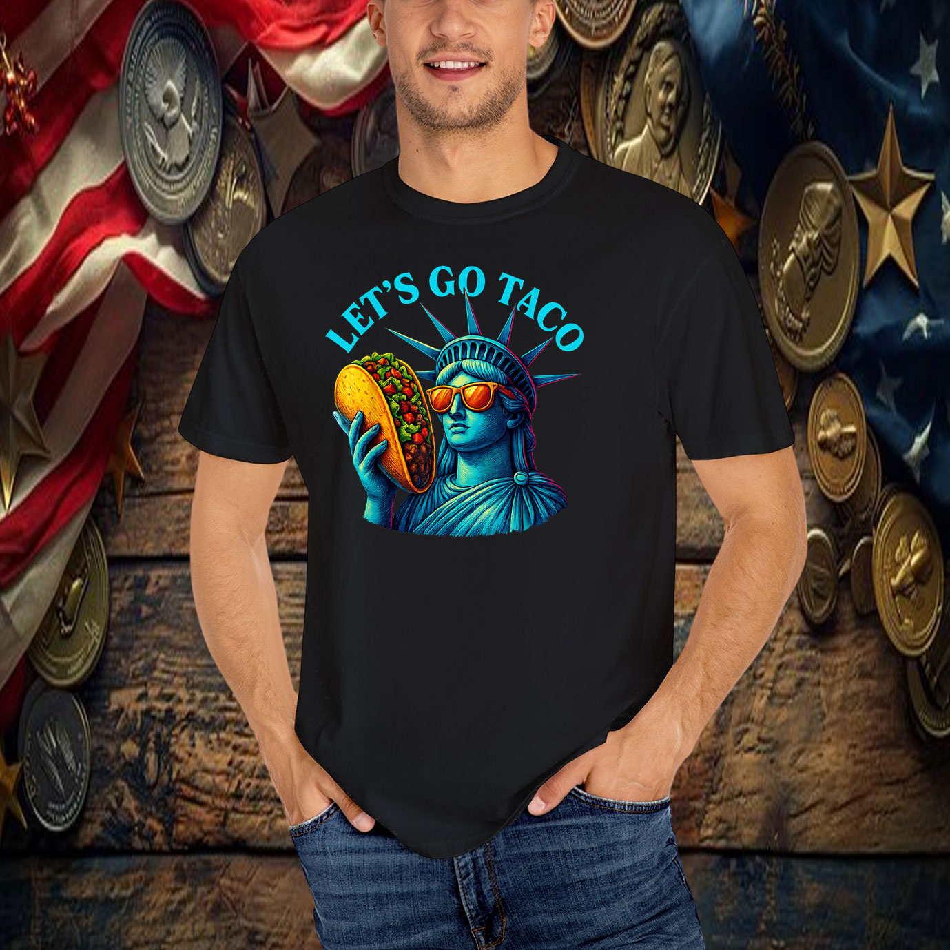 Statue of Liberty Funny Patriotic Let's Go Taco T-Shirt